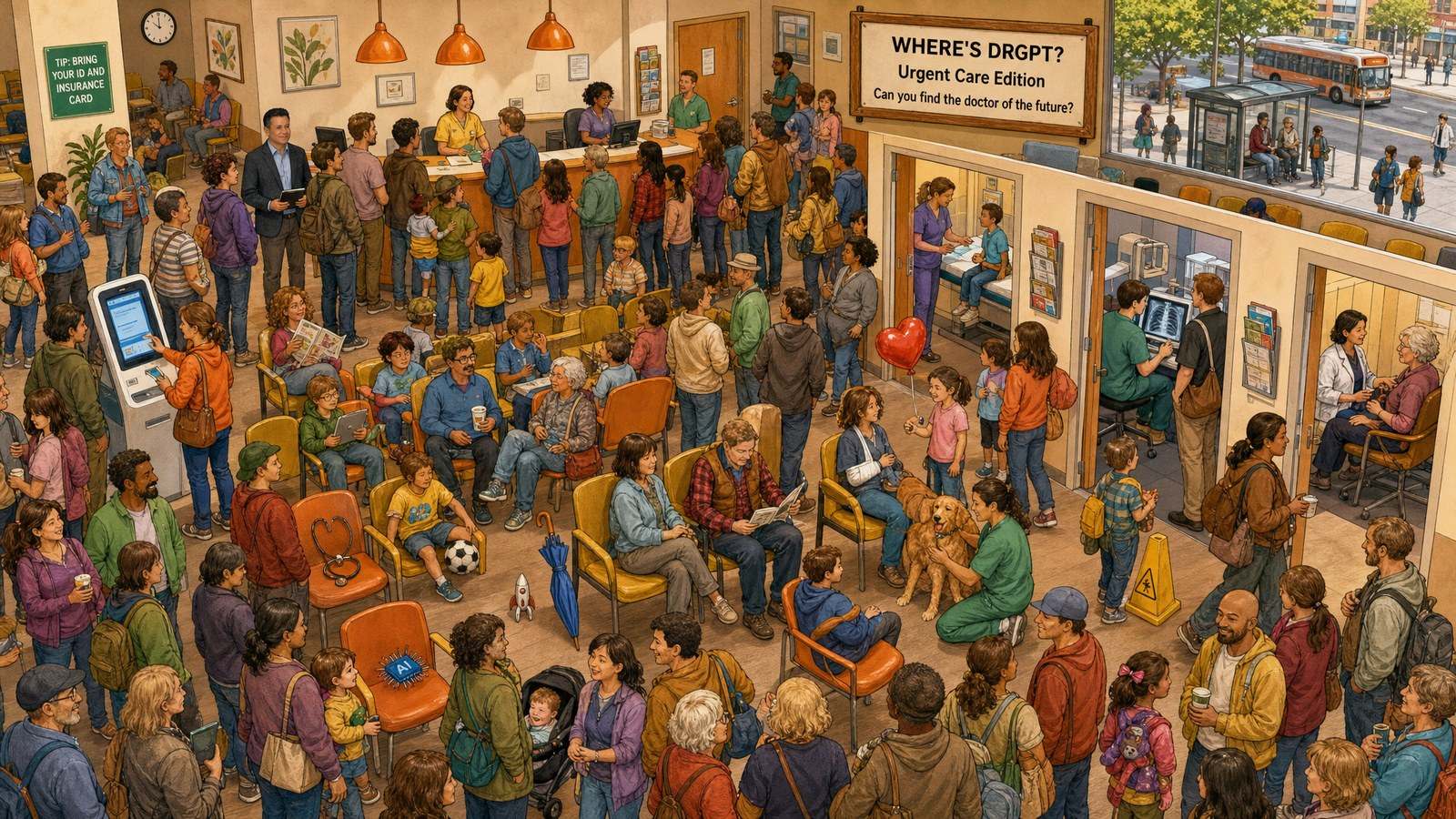 Hand-drawn hidden-object illustration of a busy urgent care clinic in warm orange tones: a long front counter with a line, a check-in kiosk, orange and yellow chairs and exam rooms. A sign reads "Where's DrGPT? Urgent Care Edition" and a green poster reads "Tip: Bring your ID and insurance card."