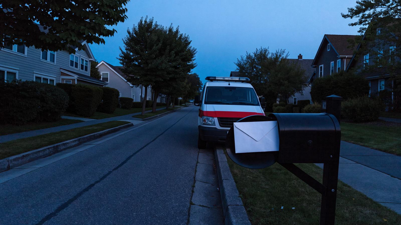 An ambulance parked on a quiet street at twilight beside a mailbox with an envelope sticking out.